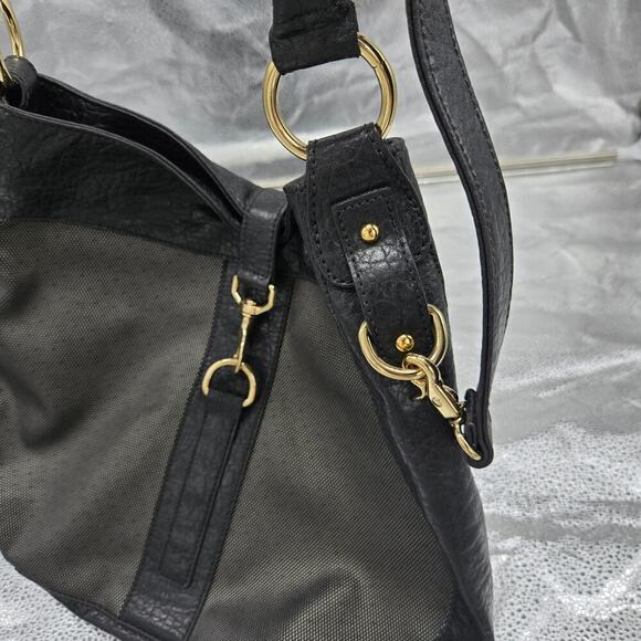 NEW Kate Landry Large Black Gold Canvas & Leather Hobo Shoulder Bag - Picture 6 of 11